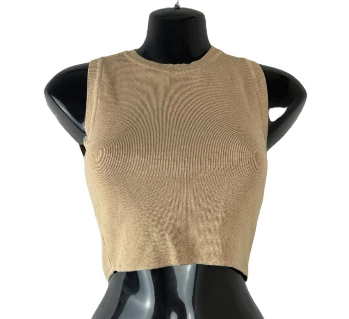 Zara Tan Knitted Crop Top Round Neck Tank Women's UK Size S