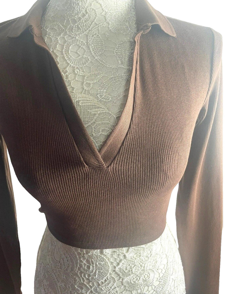 ZARA Brown Zara Crop Top Ribbed Collared Women's UK Size XS