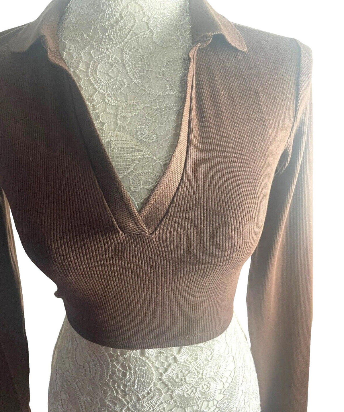ZARA Brown Zara Crop Top Ribbed Collared Women's UK Size XS