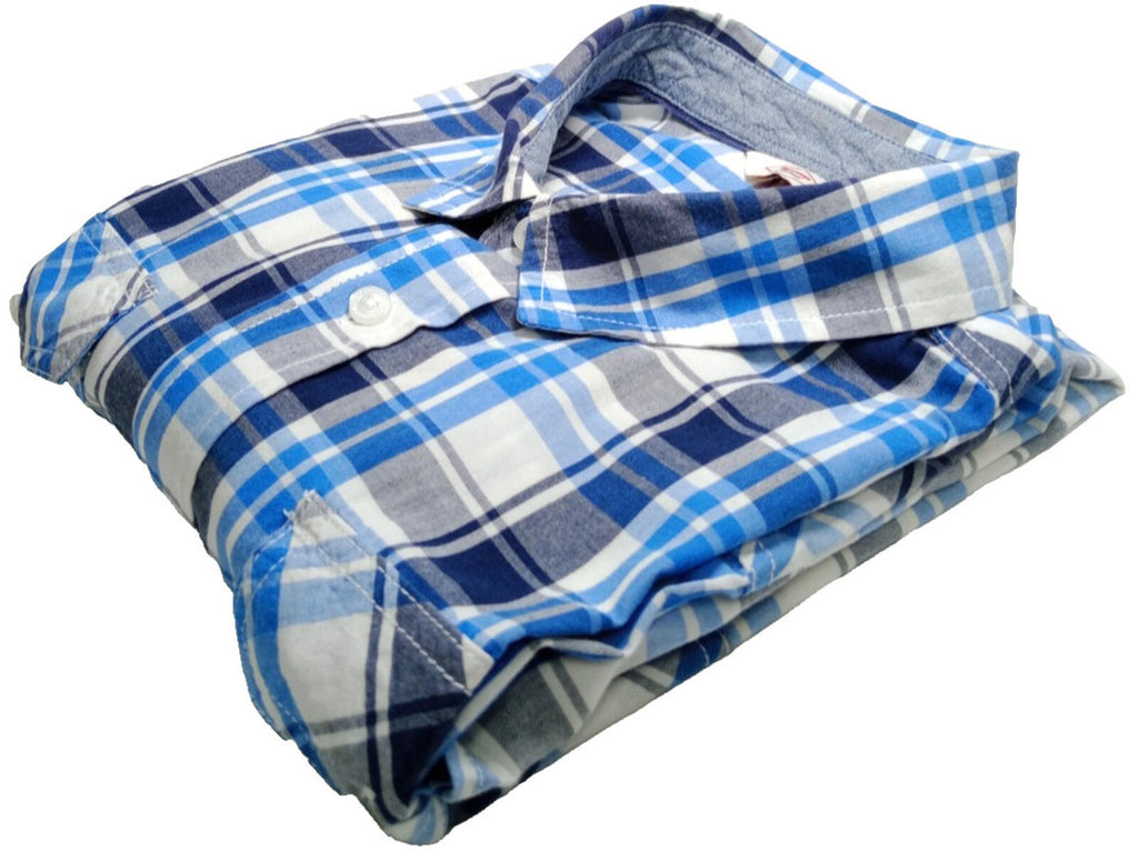 Lee Cooper Men's Shirt UK Size L Blue Check Short Sleeve Pockets 100% Cotton