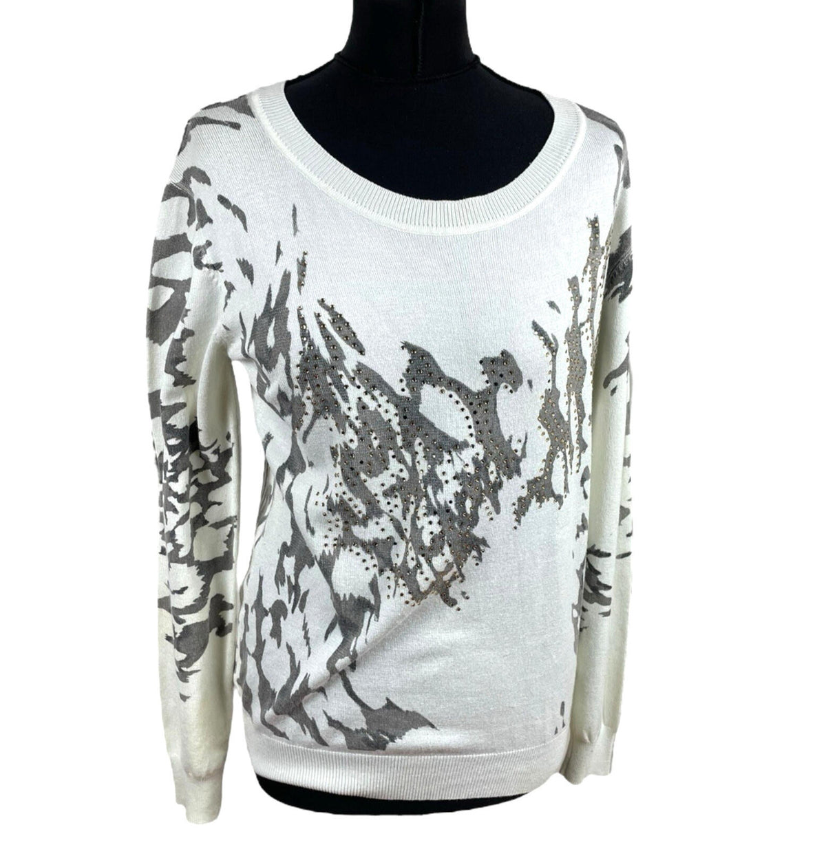 Just Elegance Thin White Jumper Grey Gold Pattern Round Neck Women's UK Size L