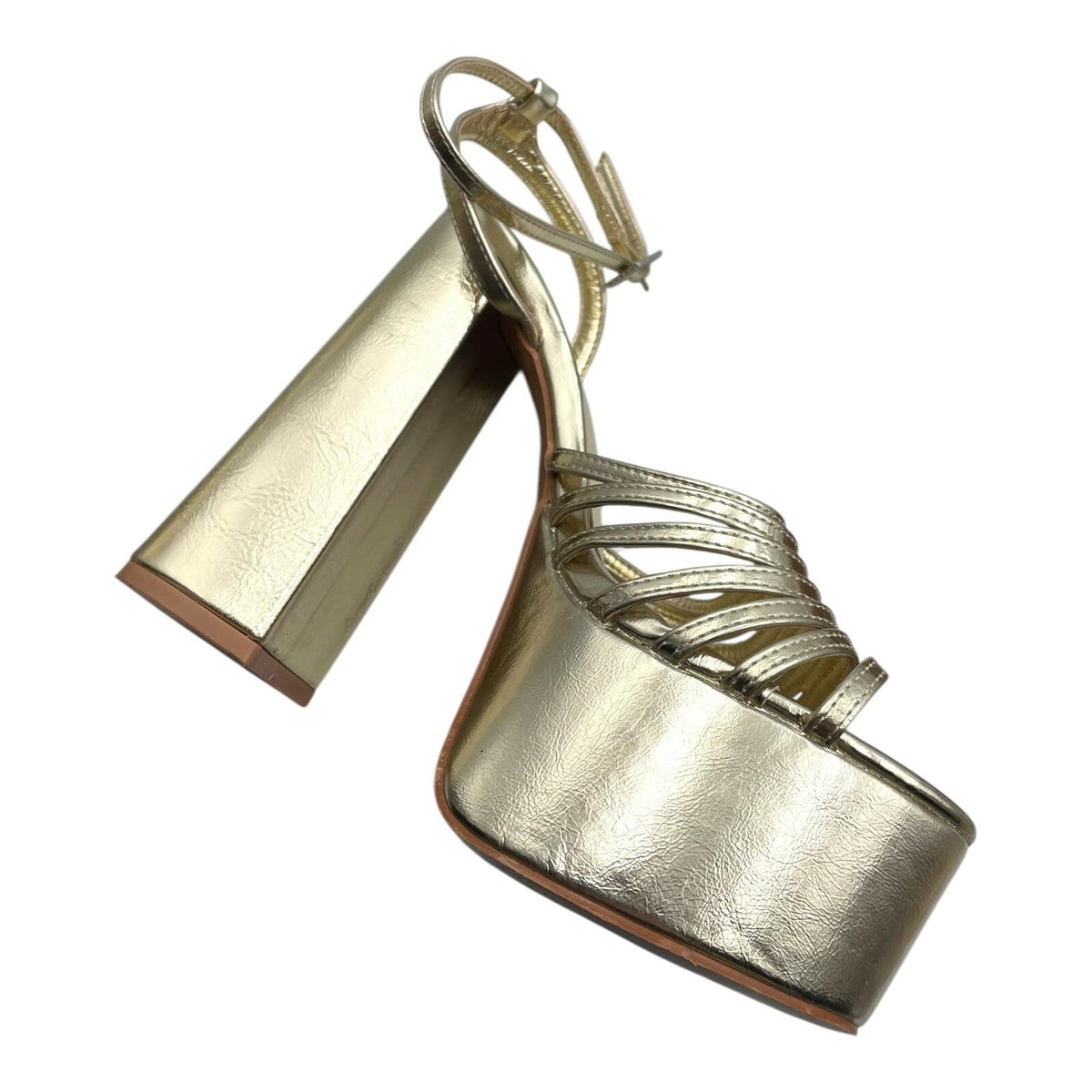 Nasty Gal Shoes Gold Metallic Strappy Platform Block Heel Women's UK Size 8