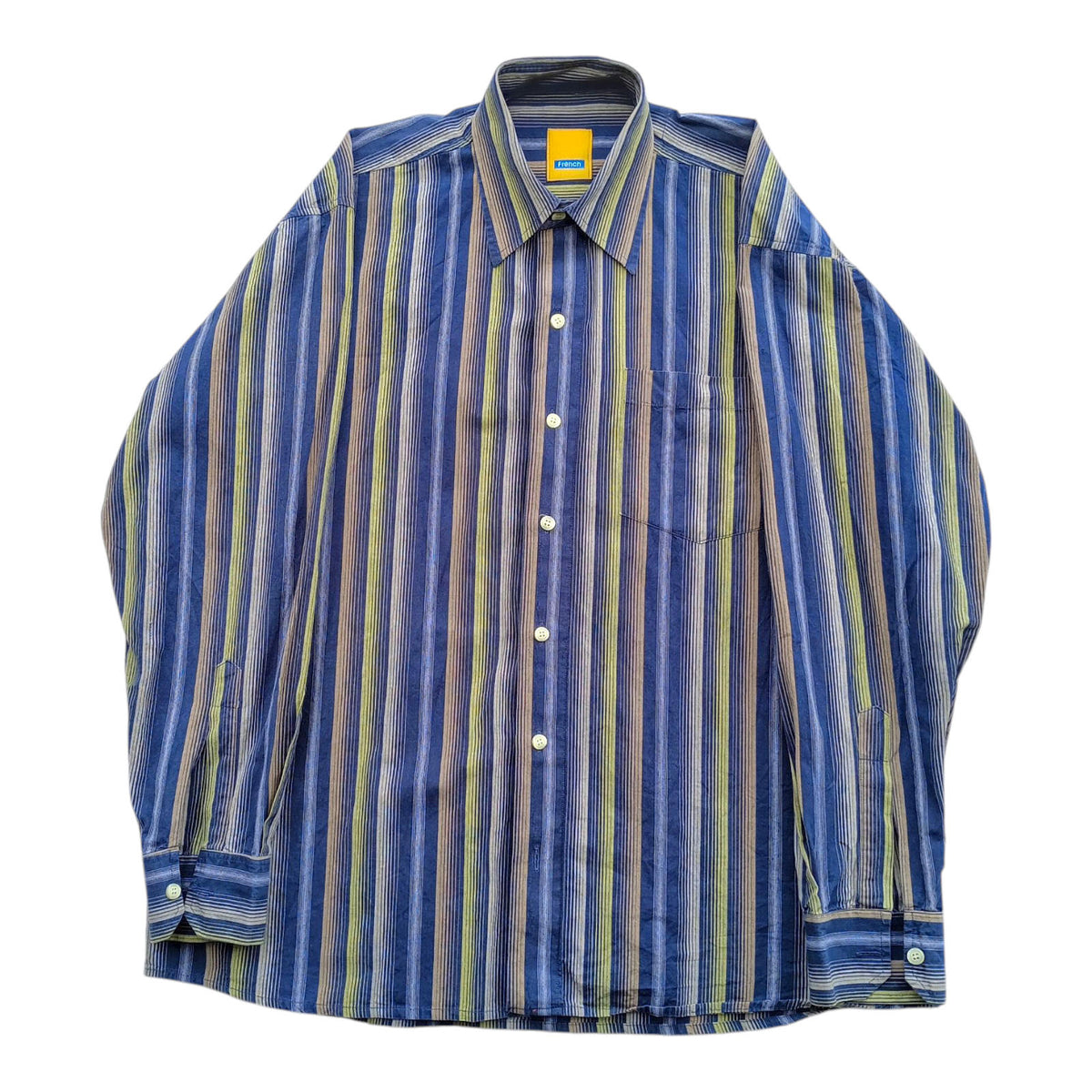 French Shirt Long Sleeve Blue Striped Pocket UK Men's Size 2XL XXL Collar 15"