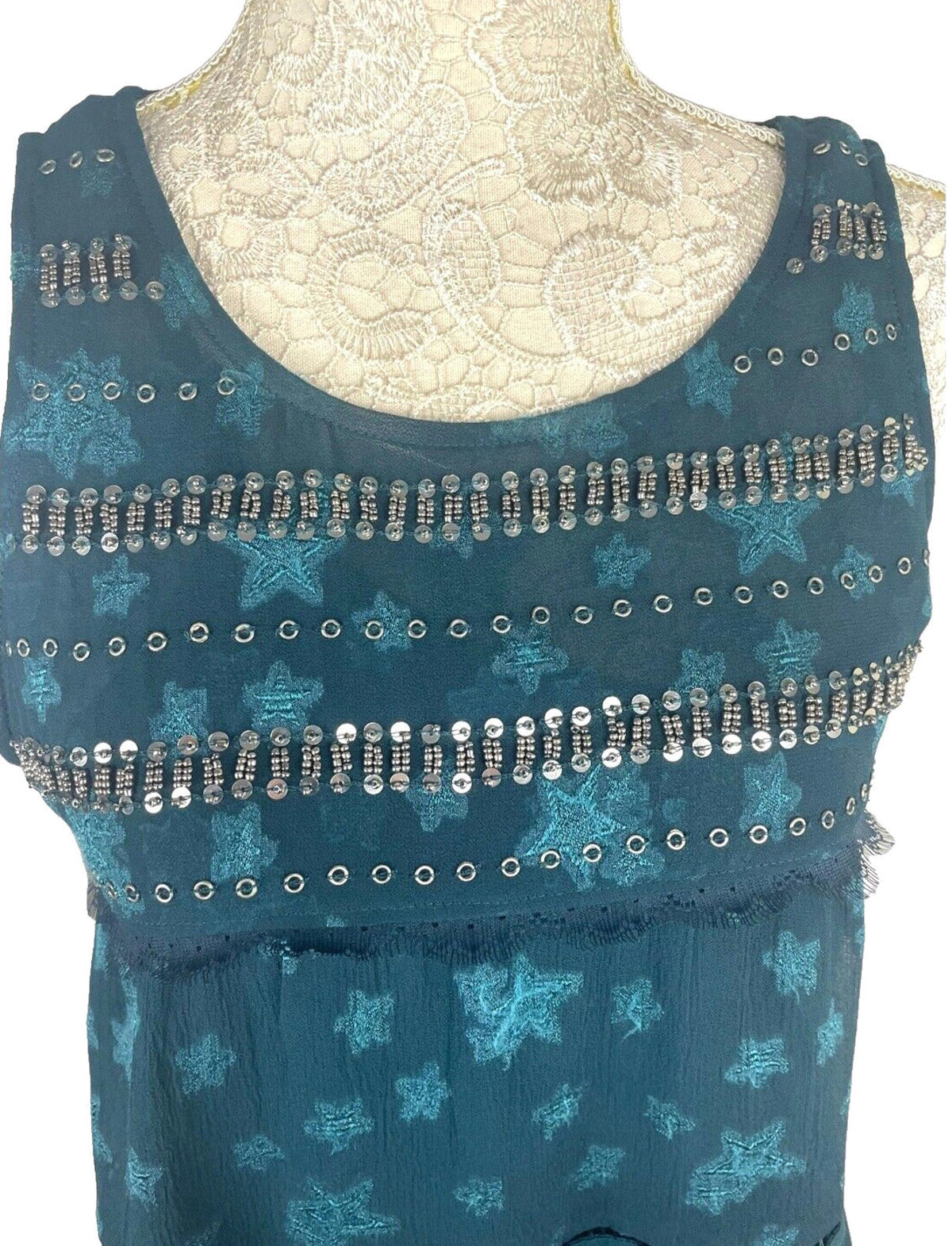 Next Turquoise Next Starscene Tunic Top  Women's UK Size 10 Chiffon Layered Embellished Sparkle