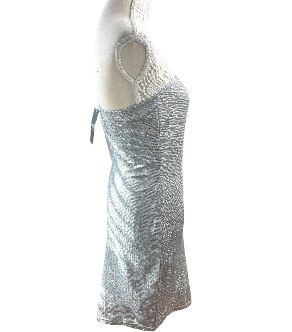 Manor Bodycon Midi Dress Silver Metallic Effect Strapless Women’s UK Size 8