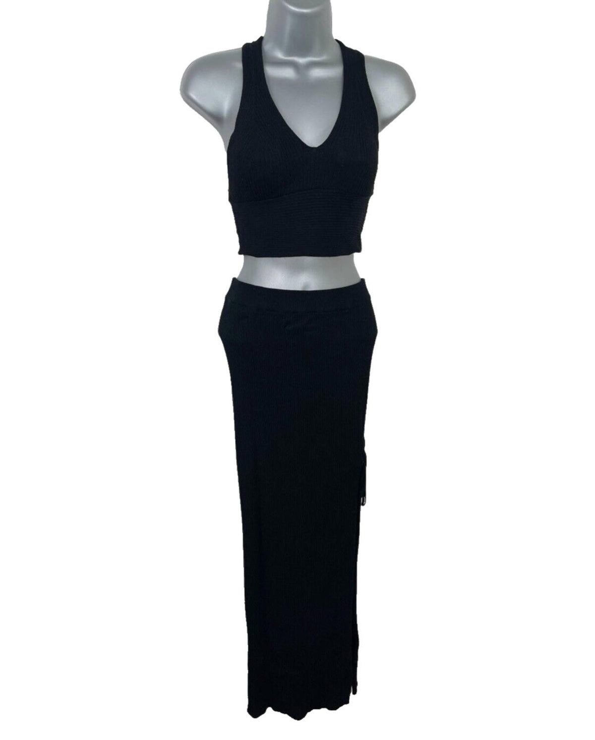 Pull&Bear Black Ribbed Maxi Skirt & Crop Top Co-Ord Set Women's UK Size XS