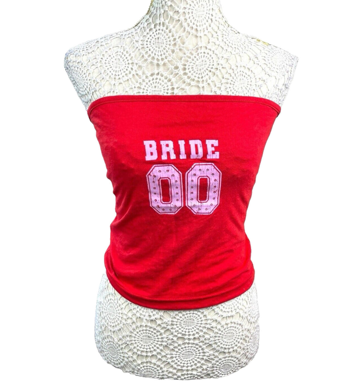 Pretty Little Thing Red Strapless Tank Top Bride 00 Print Women's UK Size 8
