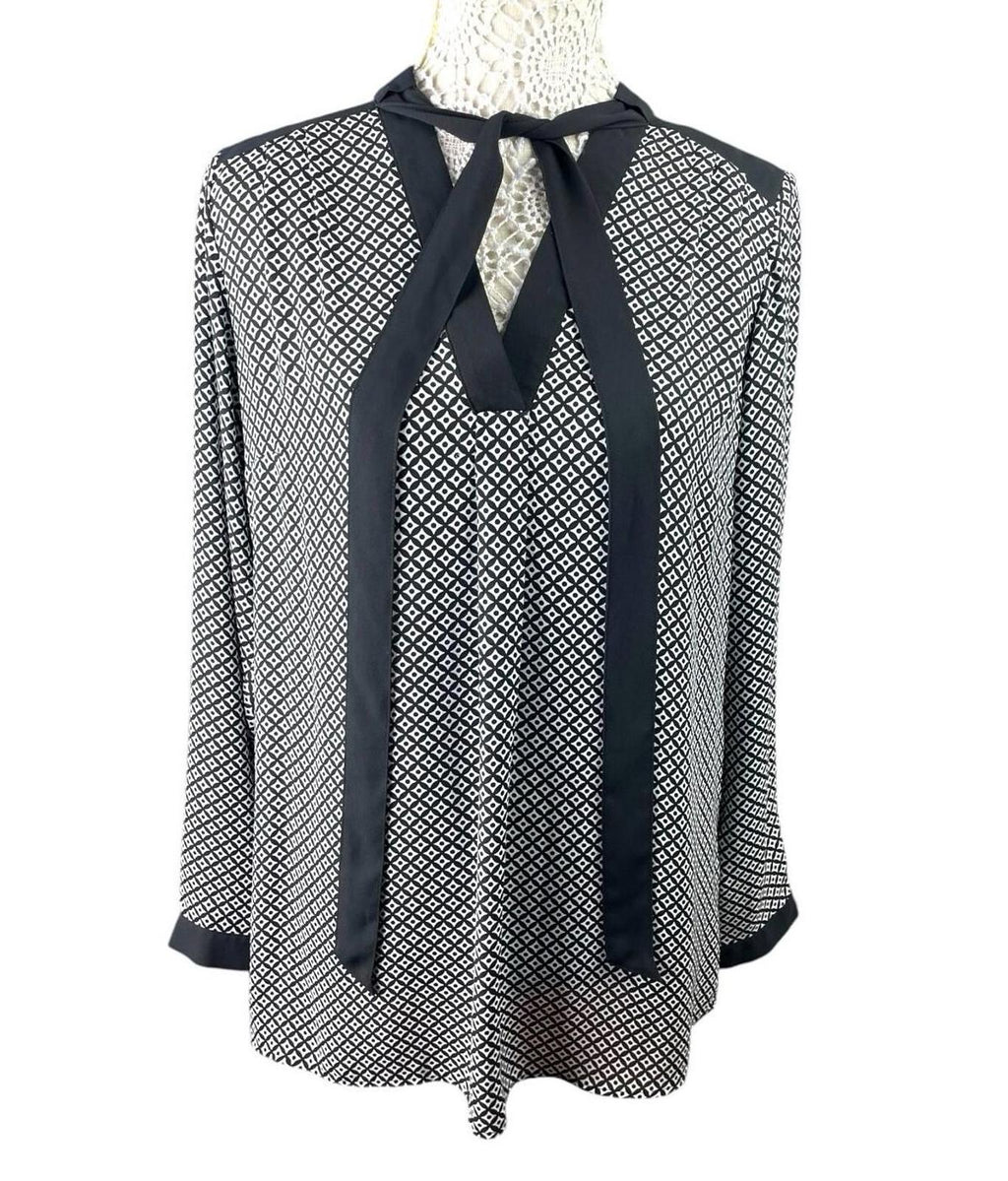 Marks & Spencer Black Marks & Spencer Long Sleeve Blouse Women's UK Size 14 Tie Neck Geometric Print