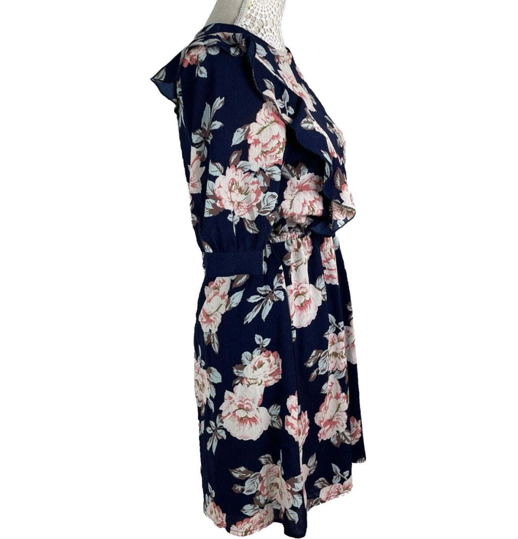 Urban Bliss Midi Dress Navy Floral High Neck Elastic Waist Women's UK Size 10