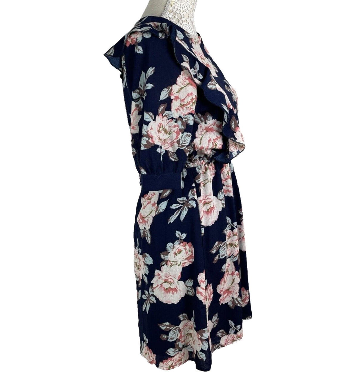 Urban Bliss Midi Dress Navy Floral High Neck Elastic Waist Women's UK Size 10