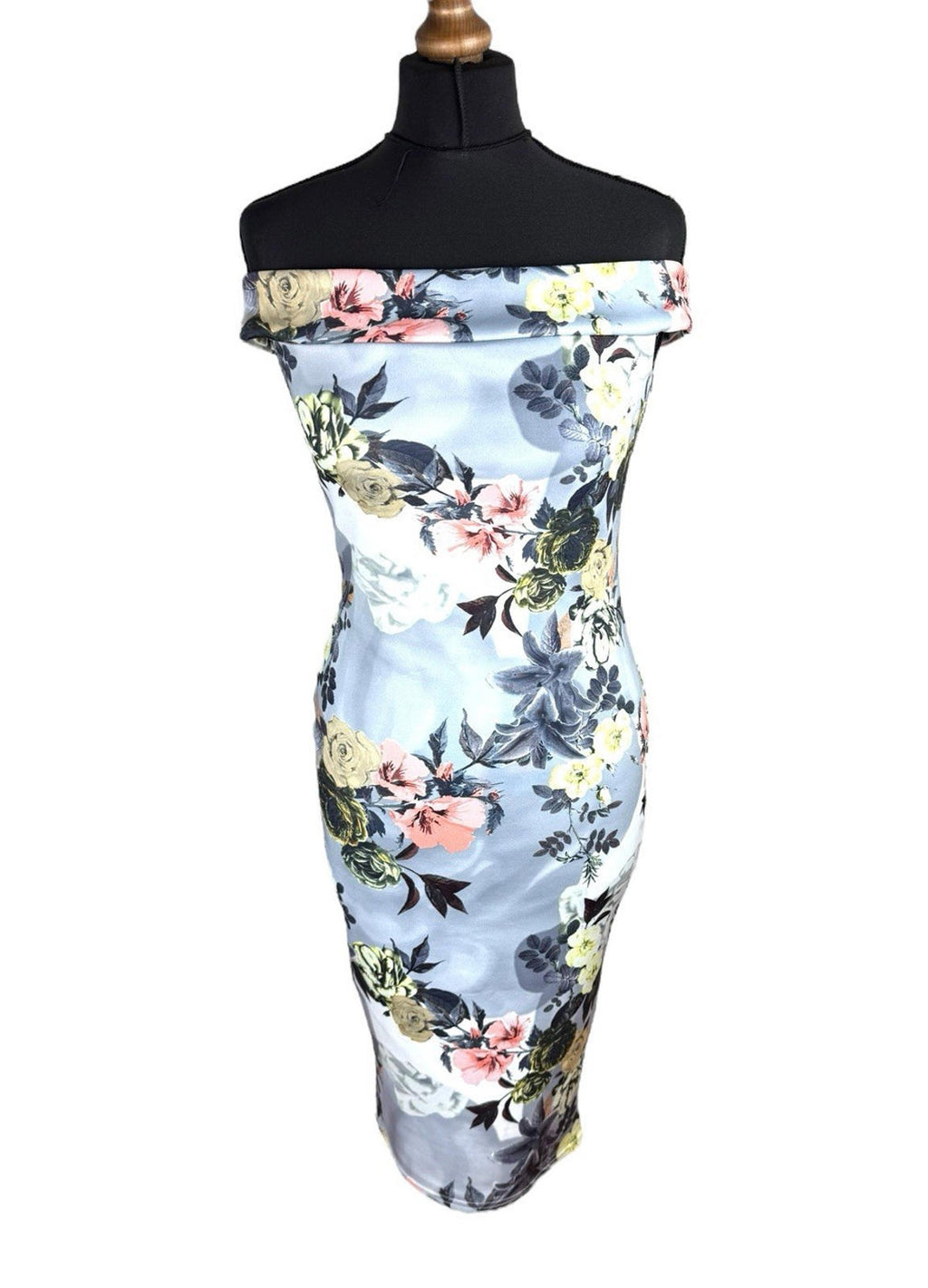 Boohoo Night Silver Floral Occassion Dress Midi Off Shoulder Women's UK Size 12
