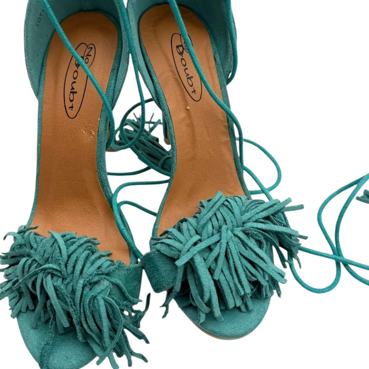 No Doubt DarkGreen No Doubt Strap Up Stiletto Shoes Women's UK Size 4 Open Tasseled Toe Green Suede