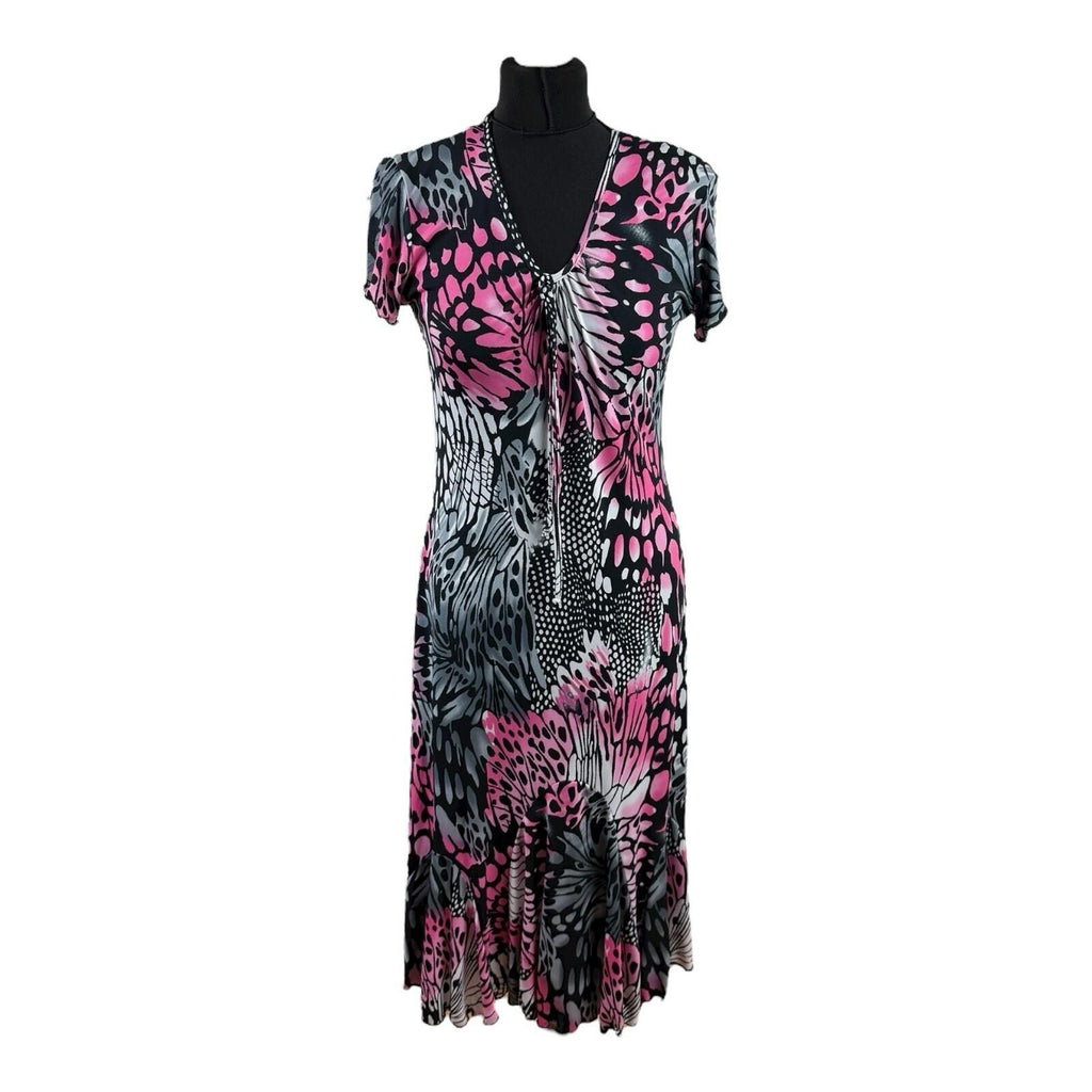 Black Pink Midi Dress Short Sleeve Stretch V Neck Women’s UK Size M (10-12)