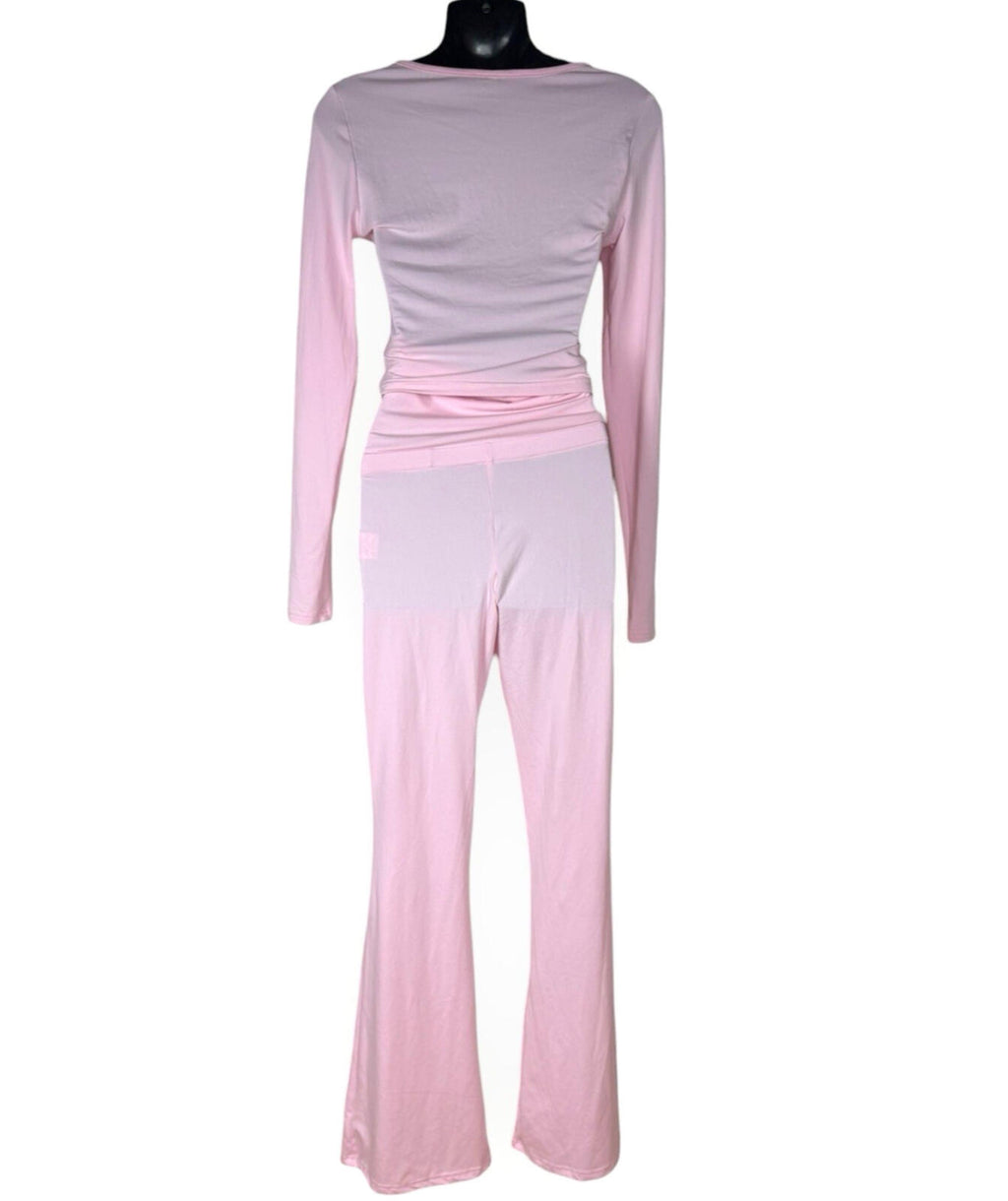 Pink Co Ord Set Women's UK Size XS High Waist Flared Trouser & Crop Top Set