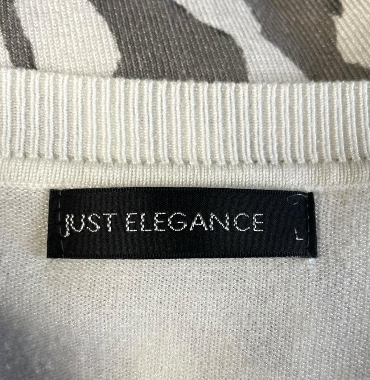 Just Elegance Thin White Jumper Grey Gold Pattern Round Neck Women's UK Size L