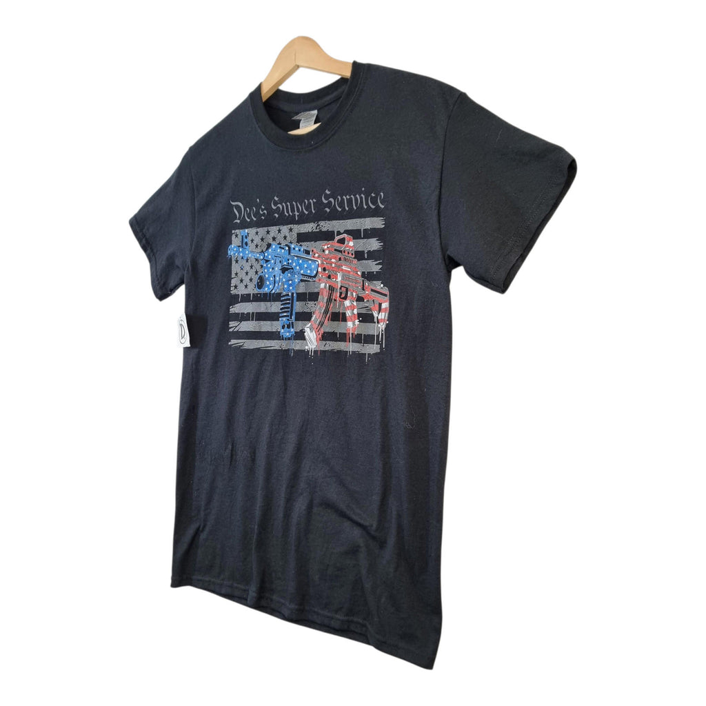Gildan Black Graphic Print T-Shirt Men's UK Size S Black Dee's Super Service 100% Cotton