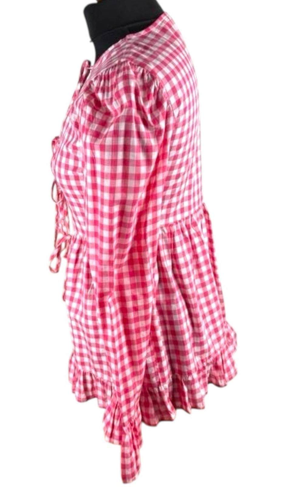 Red Gingham Tie Front Blouse Long Sleeve Grilled Hem Women's UK Size S