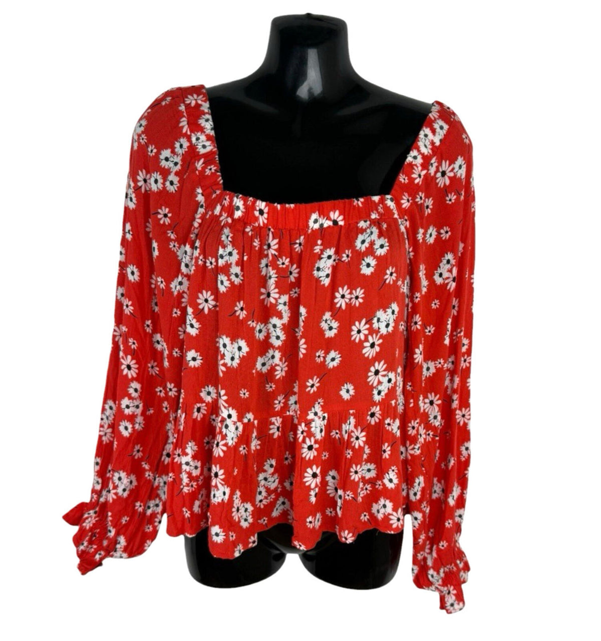 ASOS Red ASOS Square Neck Crinkle Smock Top Women's UK Size 8 Red Floral Elasticated Cuff