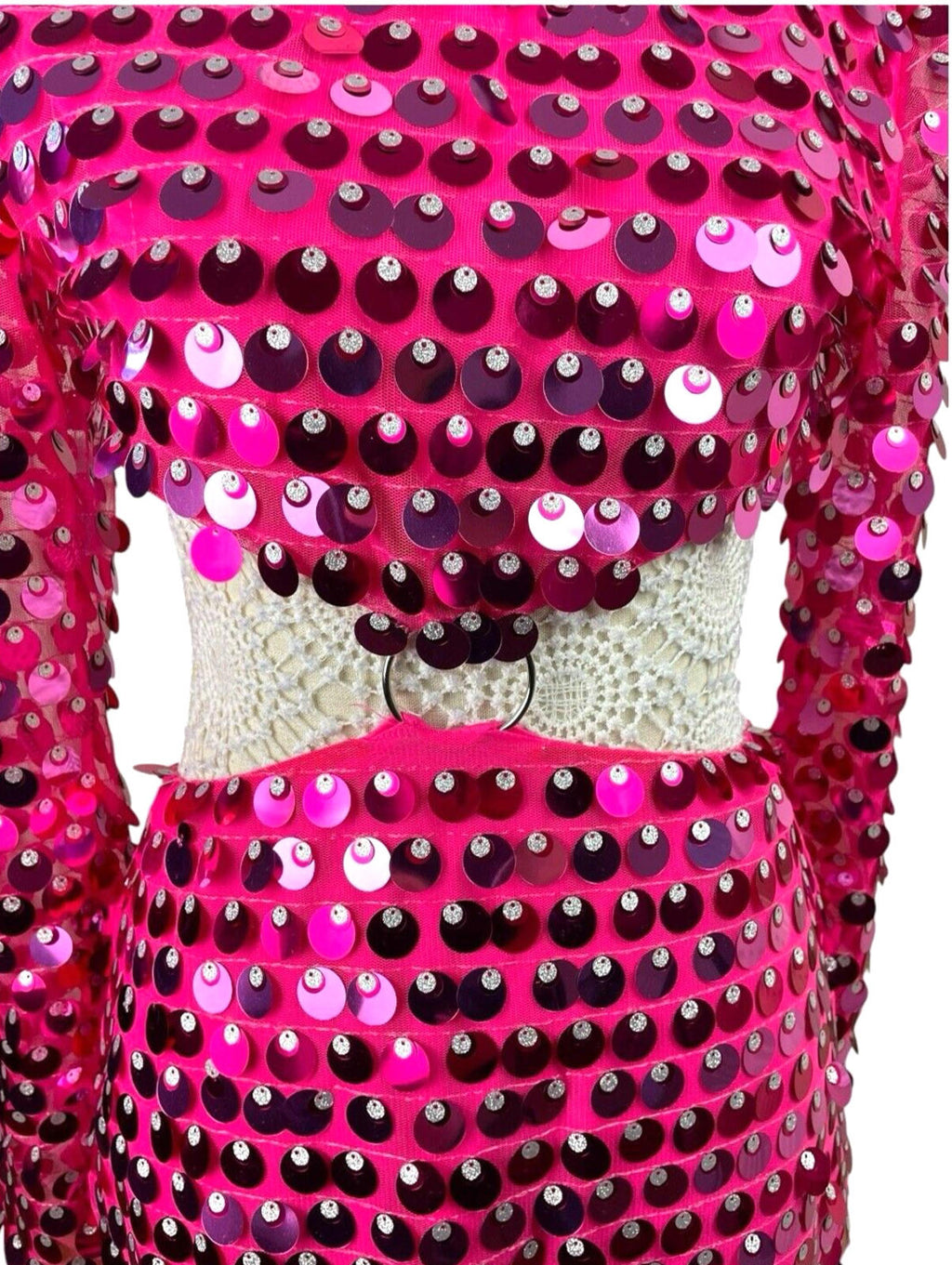 Bright Pink Big Sequin Cut Out Mini Dress Long Sheer Sleeve Women's UK Size 8-10