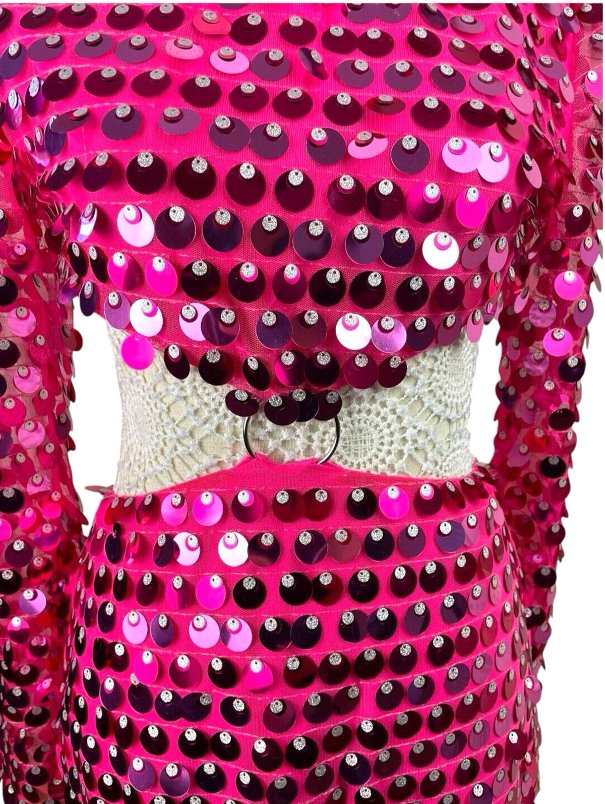 Bright Pink Big Sequin Cut Out Mini Dress Long Sheer Sleeve Women's UK Size 8-10