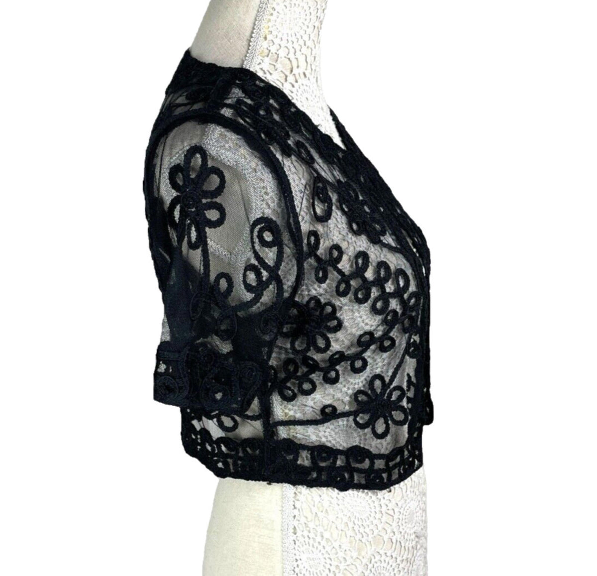 Quiz Sheer Lace Black Cropped Cardigan Floral Mesh Women's UK Size S