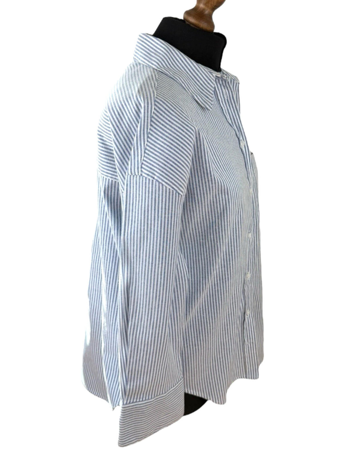Zara Blue Stripe Shirt Blouse Collared Long Sleeve Distressed Women's UK Size S