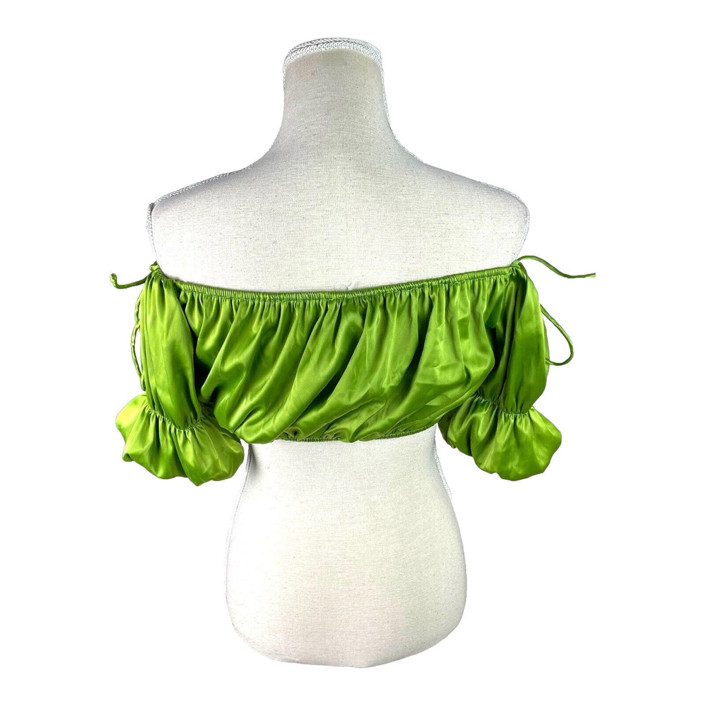 Pretty Little Thing Ruffle Satin Crop Top Green Off Shoulder Women's UK Size 8