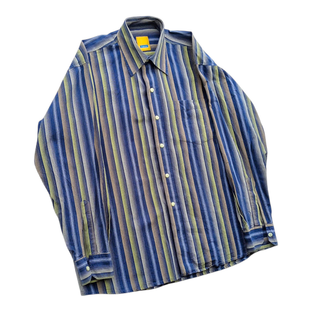 French Shirt Long Sleeve Blue Striped Pocket UK Men's Size 2XL XXL Collar 15"