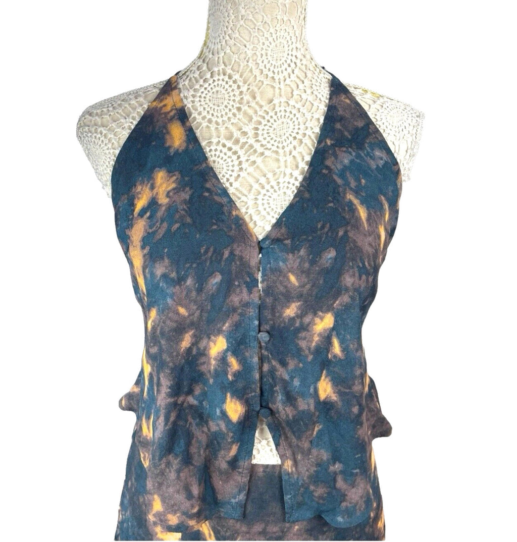 Navy Tie-Dye Mini Skirt & Top Co-Ord Set Women's UK Size 8 Rustic Halterneck Blue