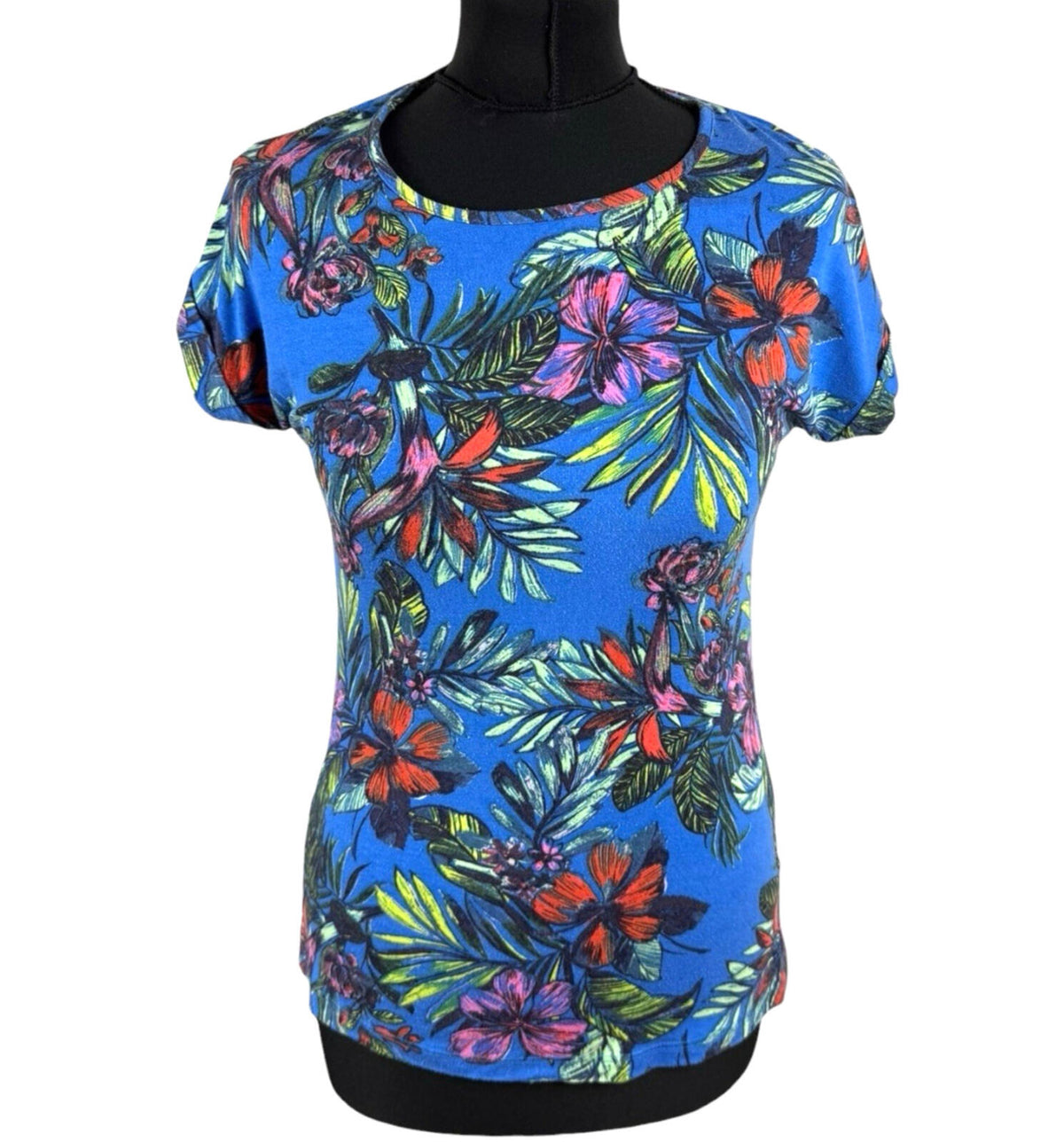 Peacocks T-Shirt Blouse Women's UK Size 8 Tropical Print Zip Back Multicolour