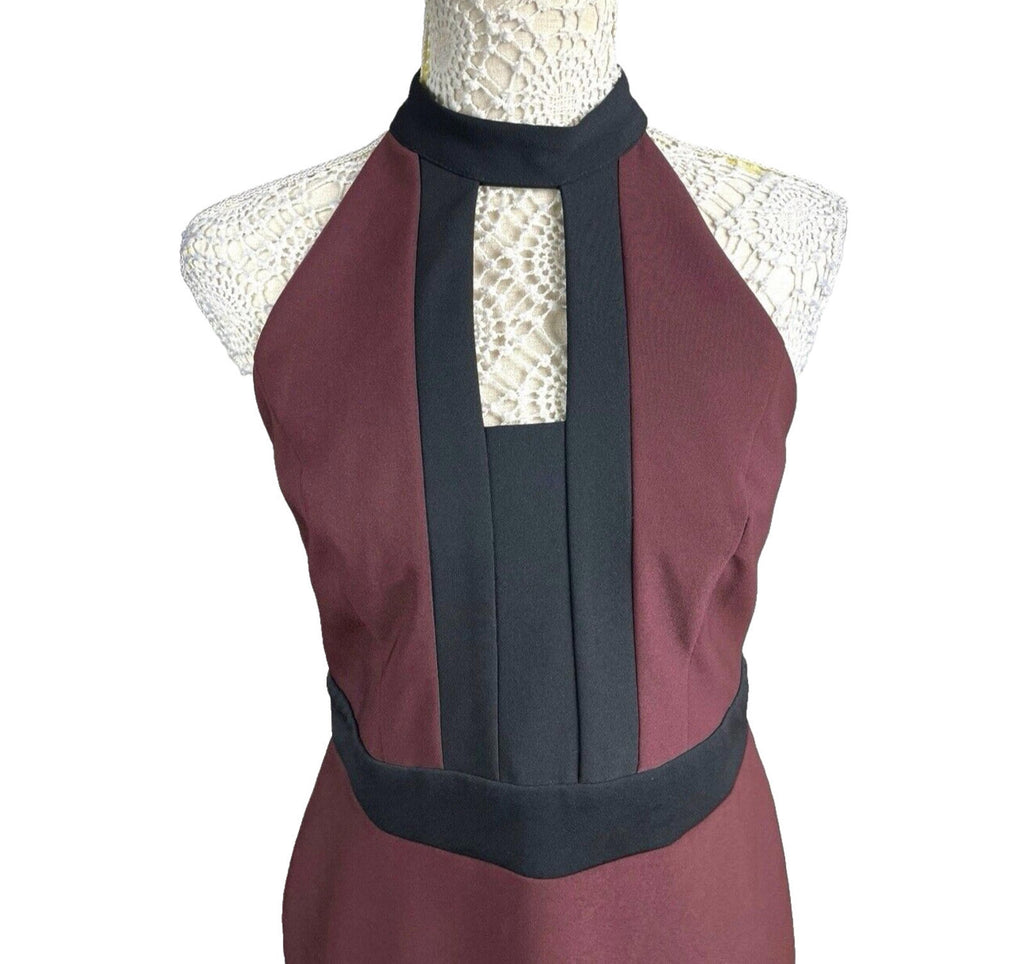 River Island Burgundy Midi Dress Bodycon Black Trim Women's UK Size 12