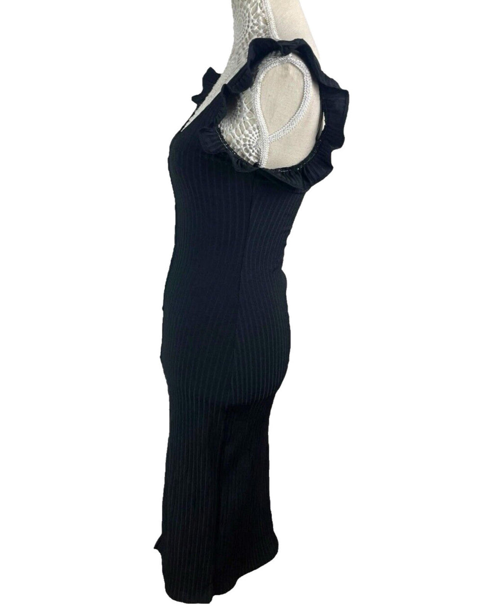 Zara Black Ribbed Maxi Dress Frill Straps Women's UK Size S