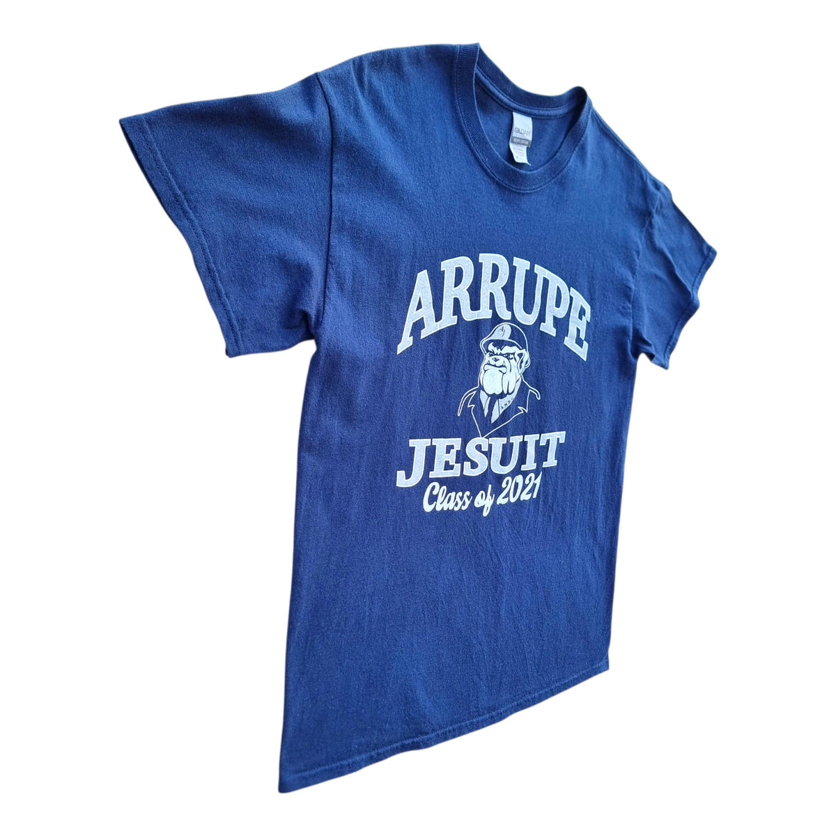 Gildan Blue Arrupe Jesuit Graphic Print T-Shirt Men's UK Size M Blue Crew Neck 100% Cotton