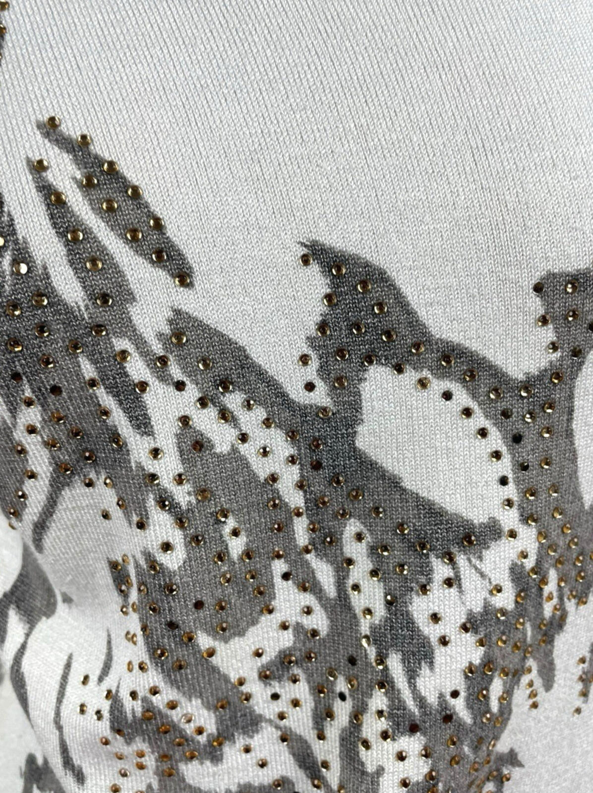 Just Elegance Thin White Jumper Grey Gold Pattern Round Neck Women's UK Size L