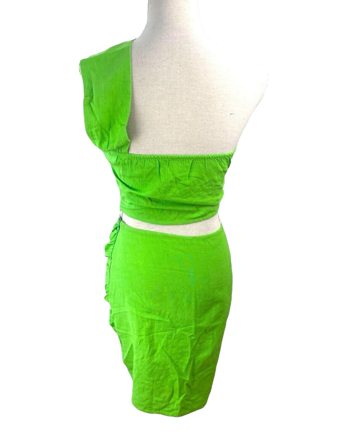 Ruched Skirt & Crop Top Set Women's UK Size 8 Bright Green Sarong One Shoulder