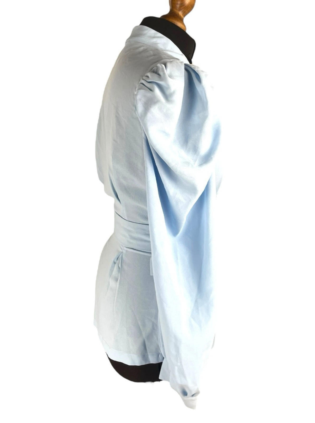 Style LightBlue In The Style Blouse Women's UK Size 10 Belted Waist Puff Shoulder Sleeves Plunge