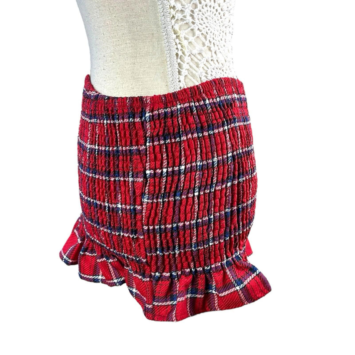 China Base Red Tartan Mini Skirt Shirred High Waist Women's UK Size 8