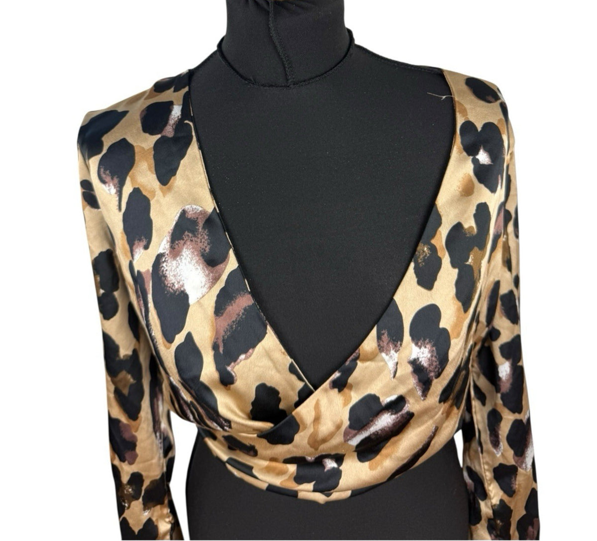 Boohoo Leopard Print Crop Top Women’s UK Size 12 Beige Satin Wrap Front Tie Back