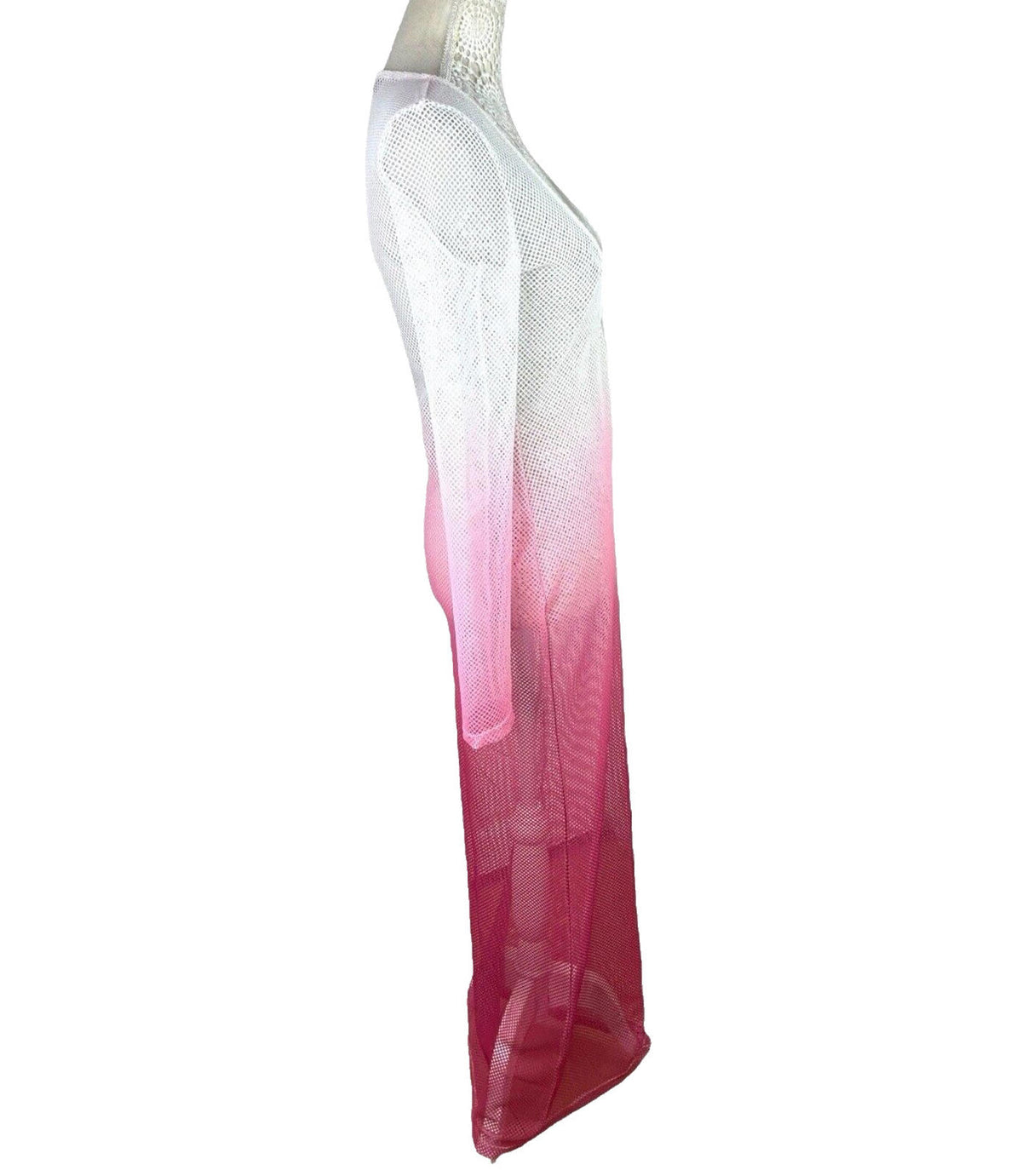 Maxi Dress Sheer Mesh Pink Ombré Low Cut Long Sleeve Women’s UK Size 10