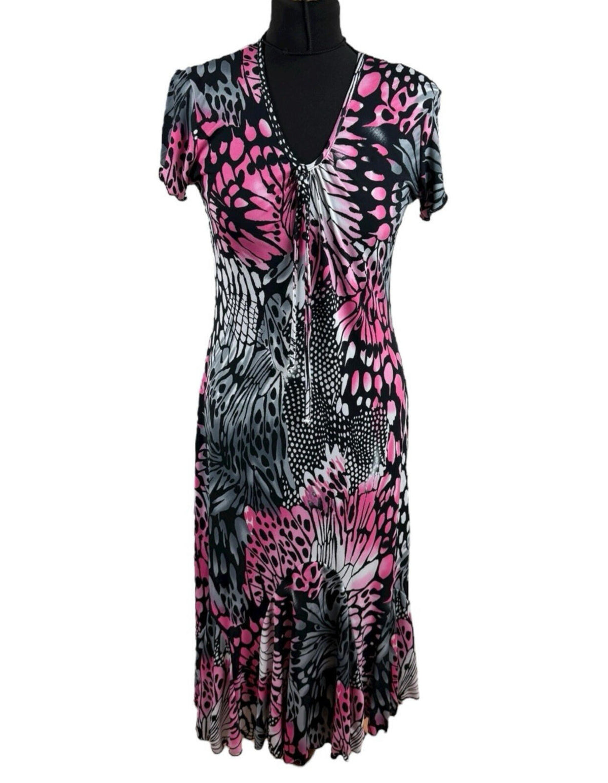 Black Pink Midi Dress Short Sleeve Stretch V Neck Women’s UK Size M (10-12)