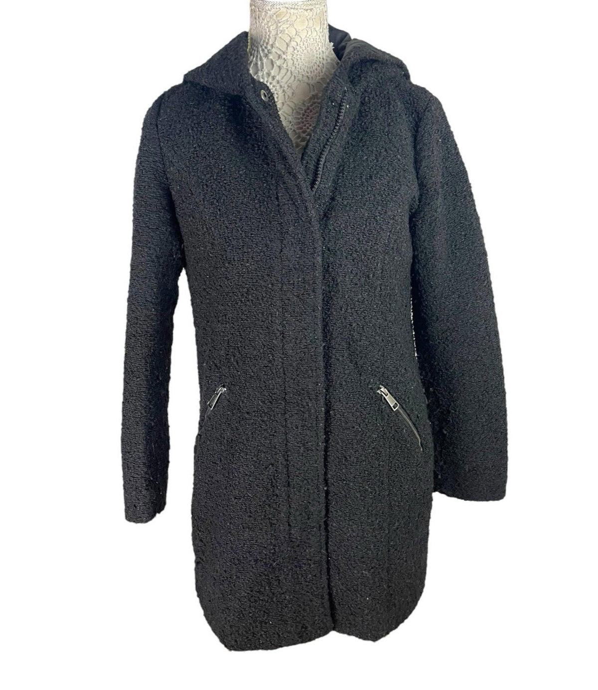 Primark Black Teddy Fleece Coat Mid Length Hooded Women's UK Size 14