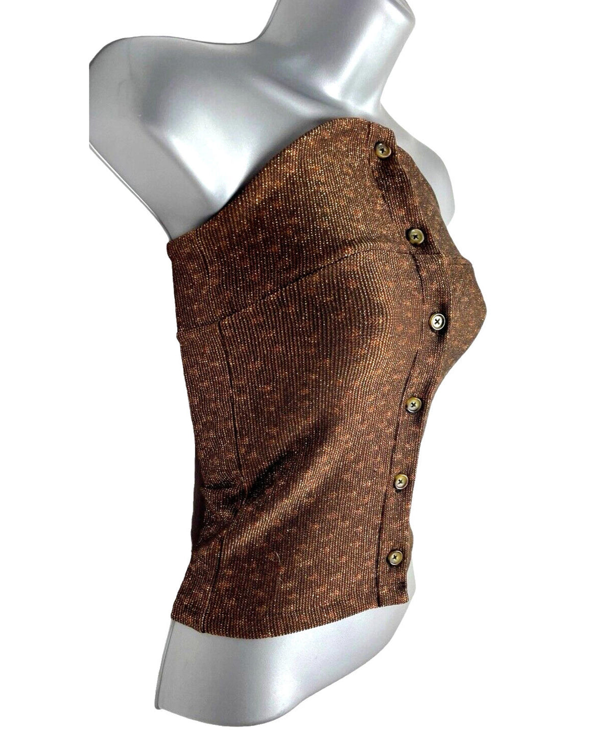 Brown Knit Bandeau Top Women's UK Size 6 Strapless Button Up Gold Sparkle Detail