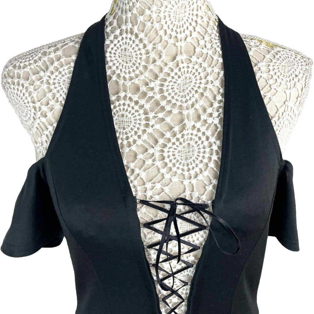 Black Halter Neck Mini Dress Lace Up From Cold Shoulder Women's UK Size 8