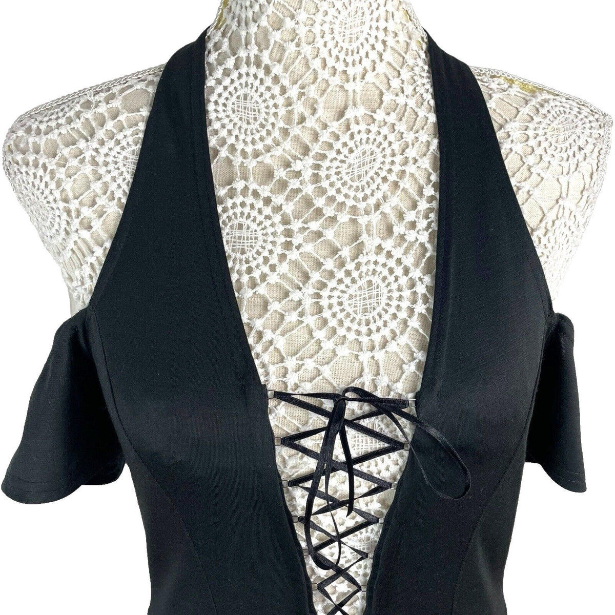 Black Halter Neck Mini Dress Lace Up From Cold Shoulder Women's UK Size 8