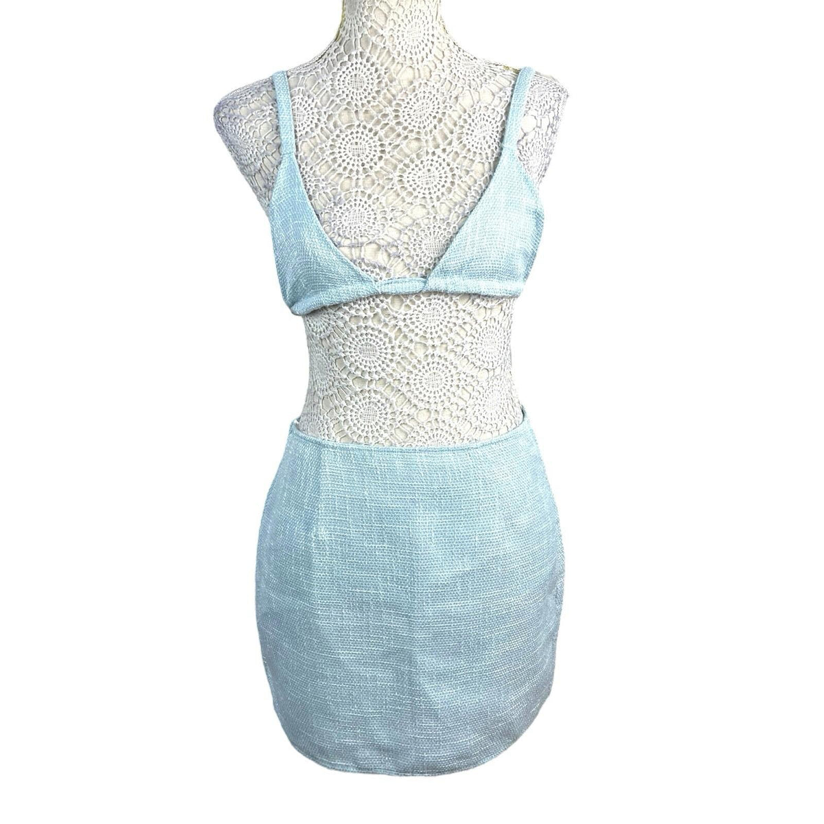 Pretty Little Thing LightBlue Pretty Little Thing Crop Top & Skirt Co-ord Women's UK Size 8 Blue Linen Look