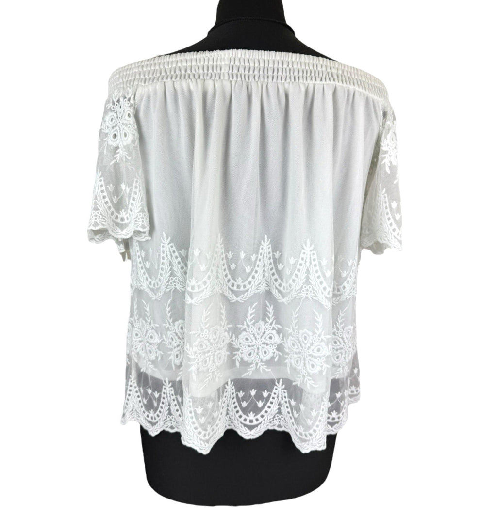 New Look Off Shoulder Blouse Women's UK Size 10 White Lace Trim Shirred Bardot