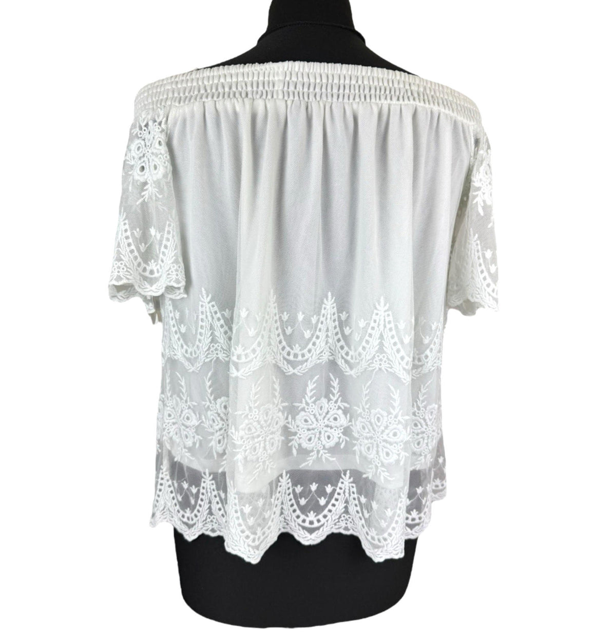 New Look Off Shoulder Blouse Women's UK Size 10 White Lace Trim Shirred Bardot