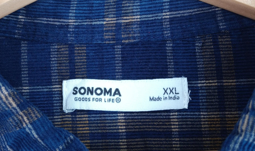 Sonoma Corduroy Shirt Men's UK Size 2XL Blue Check Pocket 100% Cotton Easy Care