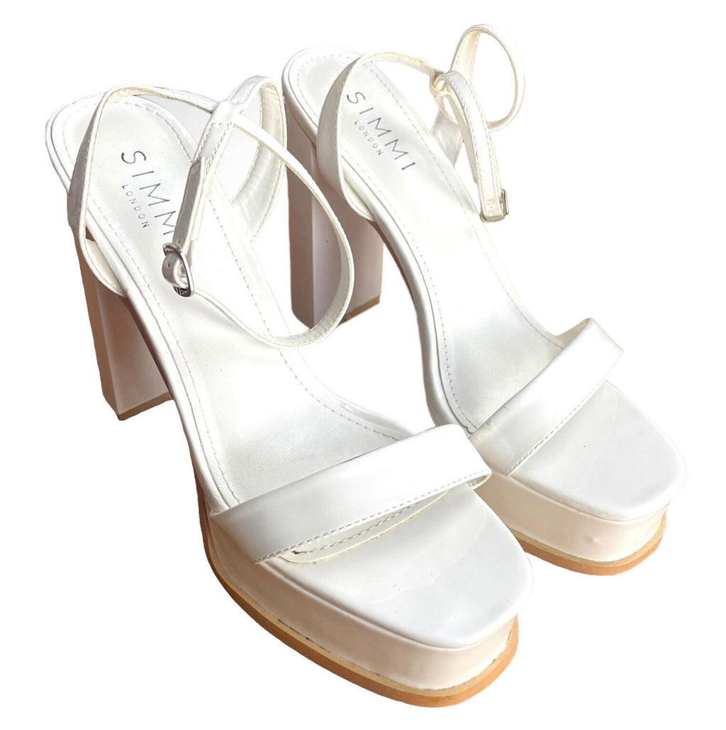 SIMMI White Simmi Platform Block Heel Sandals Women's UK Size 6 Wide Fit White Patent Shoes