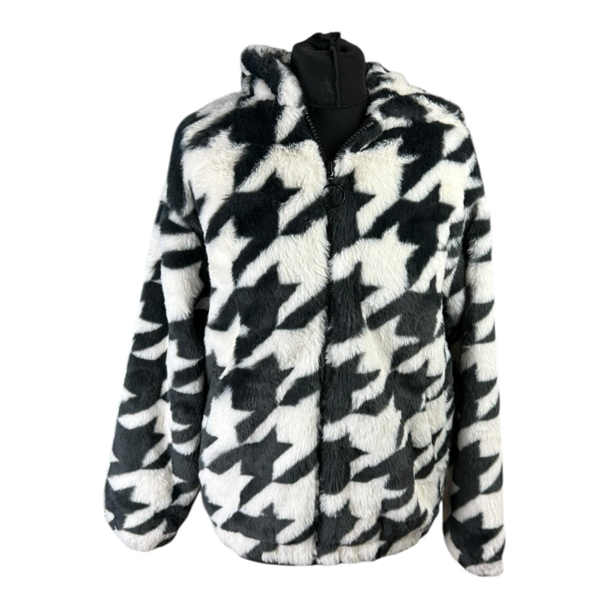 Divided Faux Fur Bomber Jacket Women's UK Size XS Hooded Pockets Houndstooth